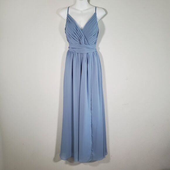 Azazie Gracie Women's Dress Dusty Blue Bridesmaid Wedding Guest Pleated Chiffon - Picture 9 of 15